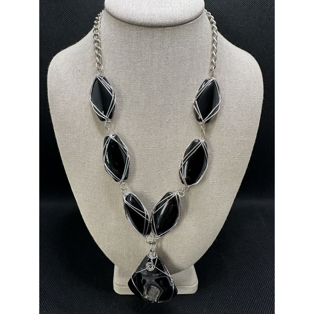 Wire Wrapped Black Onyx Stone Necklace Handmade OriginalDruzy Agate Jewelry 22in
